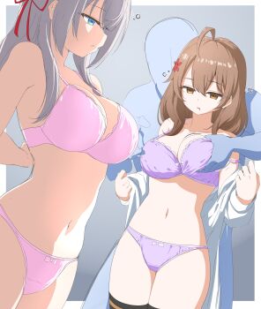 1boy 2girls absurdres ahoge alisa_mikhailovna_kujou black_thighhighs blue_bra blue_eyes blue_panties bra breasts brown_eyes brown_hair cleavage collarbone dazed empty_eyes etlabsotwe expressionless flower grabbing_another's_breast grabbing_from_behind groping hair_between_eyes hair_flower hair_ornament hair_ribbon highres large_breasts long_hair mariya_mikhailovna_kujou mind_control multiple_girls navel open_clothes open_mouth open_shirt panties pink_bra pink_panties red_ribbon ribbon saliva shimaidon_(sex) shirt siblings sidelocks sisters stomach thighhighs thighs tokidoki_bosotto_roshia-go_de_dereru_tonari_no_alya-san underwear undressing white_shirt