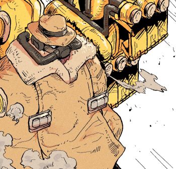 Rule 34 | 1boy, big band, blank eyes, cyborg, fedora, fur-trimmed jacket, fur trim, han gong, hat, jacket, male focus, mask, respirator, skullgirls, solo, upper body, white background