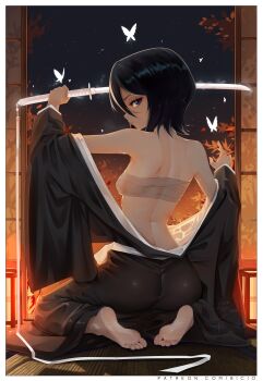 1girl absurdres ass back barefoot bicio black_hair black_kimono bleach border breasts bug butterfly chest_sarashi from_behind glowing glowing_sword glowing_weapon highres holding holding_sword holding_weapon insect japanese_clothes katana kimono kuchiki_rukia looking_at_viewer looking_back off_shoulder paid_reward_available sarashi shihakusho sideboob sitting small_breasts sode_no_shirayuki_(shikai) solo sword weapon white_border zanpakutou