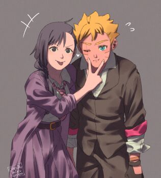 1boy 1girl ariamikukanzaki black_gloves black_jacket blonde_hair blue_eyes boruto:_two_blue_vortex bow bowtie braid coat commentary diagonal-striped_bow diagonal-striped_bowtie diagonal-striped_clothes facial_mark fingersmile flying_sweatdrops gloves grey_background high-waist_skirt hunched_over jacket kakei_sumire naruto_(series) one_eye_closed pleated_skirt purple_coat purple_skirt scar scar_across_eye scar_on_face skirt sleeves_rolled_up striped_bow striped_bowtie striped_clothes tongue tongue_out twitter_username uzumaki_boruto v-shaped_eyebrows whisker_markings