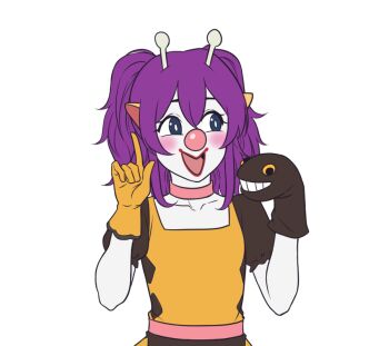 Rule 34 | 1girl, antennae, blue eyes, blush, bright pupils, choker, clown, clown nose, commentary, english commentary, gen 2 pokemon, girafarig, gloves, index finger raised, kirby otaku, looking at viewer, medium hair, nintendo, open mouth, orange gloves, orange shirt, personification, pink choker, pointy ears, pokemon, purple hair, shirt, simple background, smile, sock puppet, solo, transparent background, twintails, upper body, white pupils