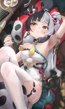 1girl absurdres ahoge animal_print arm_up armpits bare_shoulders bear_print black_hair braid braided_twintails breasts chewing china_dress chinese_clothes chopsticks closed_mouth commentary_request corded_phone dialyn_(zenless_zone_zero) dim_sum dress eating hair_extensions hair_intakes hair_ornament hairclip highres holding holding_chopsticks long_hair looking_at_viewer medium_breasts multicolored_hair multicolored_nails necktie panda_hair_ornament panda_print phone ring_hair_extensions solo split-color_hair strapless strapless_dress thighhighs white_dress white_hair yawww_(yawwwart) yellow_eyes yellow_necktie zenless_zone_zero