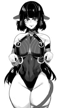 1girl animal_ears bare_shoulders black_hair black_leotard black_one-piece_swimsuit blush breast_curtains breasts choker cleavage closed_mouth collarbone commentary covered_navel cowboy_shot english_commentary fingernails fishnet_sleeves fishnets greyscale highres hinghoi jane_doe_(nocturne_of_light)_(zenless_zone_zero) jane_doe_(zenless_zone_zero) large_breasts leather_leotard leotard long_hair looking_at_viewer monochrome mouse_ears mouse_girl mouse_tail nail_polish o-ring o-ring_choker official_alternate_costume one-piece_swimsuit simple_background smile solo swimsuit tail thick_thighs thighs white_background wide_hips zenless_zone_zero