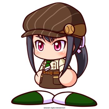 1girl artist_request barista black_hair brown_hat brown_skirt commentary_request copyright_notice green_necktie green_shoes hair_ribbon hat jikkyou_powerful_pro_yakyuu jikkyou_powerful_pro_yakyuu_(style) long_hair long_sleeves multicolored_shoes necktie no_mouth official_art ponytail power_pro_appli purple_ribbon rayman_limbs red_eyes ribbon shirt shoes sidelocks skirt solo two-tone_shoes white_background white_shoes yagyuu_sayaka yellow_shirt
