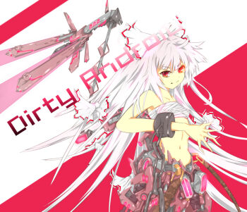 1girl bad_id bad_pixiv_id bare_shoulders female_focus fujiwara_no_mokou kimera long_hair mecha_musume navel red_eyes sarashi smile solo touhou white_background white_hair