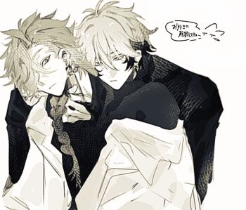 2boys antenna_hair arm_around_shoulder black_hair black_shirt braid braided_ponytail closed_mouth earrings greyscale hair_between_eyes hair_over_one_eye hand_on_another's_neck hand_under_clothes hug hug_from_behind jewelry lio0oil_0 long_hair long_sleeves looking_at_another looking_at_viewer male_focus monochrome multicolored_hair multiple_boys one_eye_closed open_clothes open_shirt shiguang_dailiren shirt short_hair simple_background single_braid single_earring tassel tassel_earrings turtleneck two-tone_hair undershirt upper_body white_background white_shirt xia_fei xiao_weiying yaoi