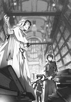 Rule 34 | akatsuki (log horizon), bookshelf, boots, dress, closed eyes, floating hair, from below, glasses, greyscale, grin, hair between eyes, hara kazuhiro, highres, hood, indoors, log horizon, long hair, monochrome, novel illustration, official art, pointy ears, ponytail, re gan, sheath, sheathed, shiroe (log horizon), short dress, short sword, smile, sword, thigh boots, thighhighs, very long hair, weapon, zettai ryouiki