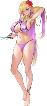 1girl anklet arm_behind_head armpits barefoot bikini blonde_hair blue_nails boryeon_(last_origin) bracelet breasts cleavage colored_inner_hair covered_erect_nipples ear_piercing earrings flower flower_necklace full_body game_cg gyaru hair_between_eyes hair_flower hair_ornament halterneck hibiscus highres holding holding_scissors huge_breasts jewelry kirome_(kamipaper) kogal last_origin leaf_print lei long_hair looking_at_viewer mole mole_on_breast multicolored_hair multicolored_nails nail_polish navel necklace official_alternate_costume official_art piercing purple_bikini purple_eyes purple_hair purple_nails razor_blade red_flower red_nails scissors simple_background skindentation sling_bikini_top smile solo standing sweat swimsuit tachi-e transparent_background very_long_hair yellow_nails