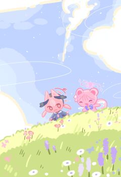 2girls animal_crossing black_wings blue_archive blue_sky bow cat feathered_wings flower halo head_wings highres koharu_(blue_archive) mika_(blue_archive) multiple_girls nagakiras2 nintendo on_grass pink_cat sky squirrel white_wings wings