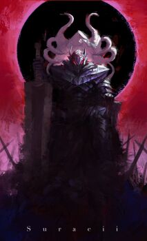 1boy armor berserk berserker_armor black_armor chair cross dragonslayer_(sword) eclipse fake_horns full_armor full_body glowing glowing_eyes greatsword guts_(berserk) helmet highres holding holding_sword holding_weapon horned_helmet horns huge_weapon male_focus on_chair planted planted_sword planted_weapon red_background red_eyes sitting solar_eclipse solo suracii sword throne weapon