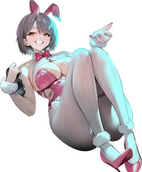1girl animal_ears bare_shoulders bow bowtie breasts cleavage clothing_cutout fake_animal_ears game_cg goddess_of_victory:_nikke grey_hair hair_ornament high_heels leotard looking_at_viewer milk_(blooming_bunny)_(nikke) milk_(nikke) non-web_source official_alternate_costume official_art pantyhose pink_leotard playboy_bunny rabbit_hair_ornament short_hair side-tie_leotard skindentation smile solo undersized_breast_cup white_pantyhose yellow_eyes