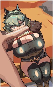 1boy 1girl breasts bursting_breasts caesar_king_(zenless_zone_zero) cleavage dolekat green_hair large_breasts looking_at_penis penis_on_face sitting standing thick_thighs thighs yellow_eyes zenless_zone_zero