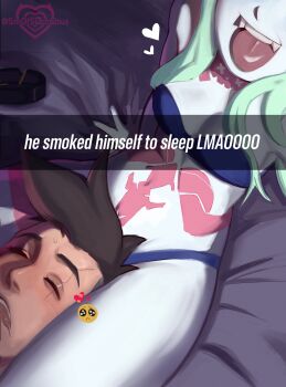 1boy 1girl absurdres android ashtray between_thighs blue_bra blue_panties blush bra breasts brown_eyes colored_skin commentary cyberpunk_(series) cyberpunk:_edgerunners cyborg david_martinez drooling emoji english_commentary english_text fangs green_hair grey_skin head_between_thighs highres joint_(drug) mohawk neck_tattoo panties rebecca_(cyberpunk) selfie sitting sleeping small_breasts smile smol_succubus snapchat stomach_tattoo strapless strapless_bra sweatdrop tattoo thighs tongue tongue_out underwear underwear_only watermark