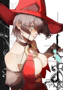Rule 34 | 1girl, bare shoulders, black hair, breasts, choker, cleavage, fingerless gloves, glasses, gloves, guilty gear, guilty gear xx, hat, highres, holding, holding removed eyewear, i-no, johndoormap, mole, mole above mouth, o-ring, o-ring top, red hat, red leather, short hair, solo, twitter username, unworn eyewear, witch hat