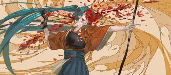 Rule 34 | 1girl, aiming, aqua eyes, aqua hair, archery, arrow (projectile), blue hakama, bow (weapon), floating hair, gloves, hakama, hakama skirt, hatsune miku, highres, holding, holding bow (weapon), holding weapon, japanese clothes, kimono, kyuudou, long hair, manimani (vocaloid), muneate, partially fingerless gloves, partly fingerless gloves, petals, ponytail, rminari74, single glove, skirt, smile, solo, tasuki, twintails, very long hair, vocaloid, weapon, yugake