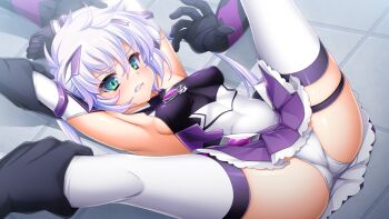 1girl 2boys aqua_eyes armpits arms_up ass black_gloves blush breasts chest_jewel clenched_teeth covered_erect_nipples covered_navel crotch dutch_angle elbow_gloves exs-tia_luna game_cg gloves green_eyes groin_tendon hair_between_eyes hair_ornament headgear imminent_rape kamitsurugi_ouka kneepits kouyoku_senki_exs-tia_concert large_variant_set leg_grab legs_up leotard long_hair lying magical_girl miniskirt multiple_boys non-web_source official_art on_back out_of_frame pleated_skirt purple_skirt restrained sideboob skin_tight skindentation skirt small_breasts solo_focus spread_legs sugahara_touka teeth thigh_grab thigh_strap thighhighs thighs tile_floor tiles twintails upskirt variant_set very_long_hair white_hair white_thighhighs