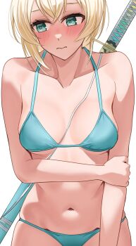 1girl absurdres aqua_bikini aqua_eyes averting_eyes bikini blonde_hair blush breasts cleavage closed_mouth commentary_request crossed_bangs double-parted_bangs hair_between_eyes hand_on_own_arm highres hololive katana kazama_iroha medium_breasts medium_hair mino_(miiiinon611) navel simple_background solo stomach swimsuit sword sword_on_back virtual_youtuber weapon weapon_on_back white_background