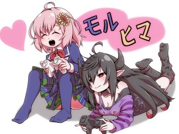2girls ^_^ ahoge black_hair black_socks blue_jacket blue_skirt blue_socks blush breasts cleavage closed_eyes collared_shirt commentary_request controller demon_horns dress flower game_controller green_skirt hair_flower hair_ornament heart holding holding_controller holding_game_controller honma_himawari honma_himawari_(1st_costume) horns jacket medium_breasts multicolored_skirt multiple_girls nijisanji no_shoes pink_eyes pink_hair plaid_clothes plaid_skirt pointy_ears shirt skirt socks striped_clothes striped_socks sunflower teeth tongue translation_request upper_teeth_only virtual_youtuber white_shirt yamiyono_moruru yamiyono_moruru_(1st_costume) yufutwun