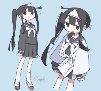 Rule 34 | 1girl, aida (aidia), black eyes, black hair, black sailor collar, black skirt, blue background, full body, headband, highres, japanese clothes, kimono, long hair, long sleeves, multiple views, neckerchief, original, pleated skirt, sailor collar, school uniform, serafuku, shiroshouzoku, sidelocks, skirt, sleeves past wrists, smile, socks, triangular headpiece