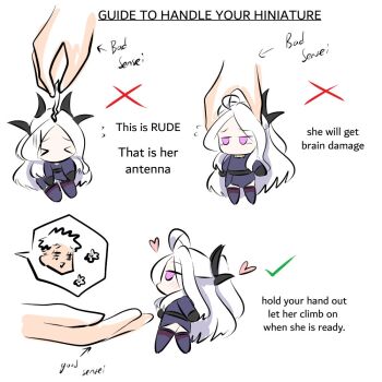 >_< 1girl ahoge blue_archive checkmark chibi disembodied_hand english_text heart hina_(blue_archive) horns how_to_hold_x_(meme) lifting_person meme mini_person minigirl pulling purple_eyes simple_background white_background white_hair x_(symbol) zenome_leon