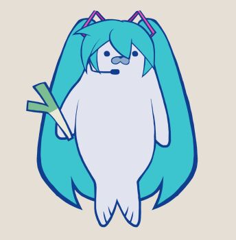 :3 animal animal_focus animal_with_hair animalization aqua_hair black_eyes chip_(r0rochi) commentary english_commentary food full_body hair_between_eyes hair_ornament hatsune_miku headset highres holding holding_food holding_spring_onion holding_vegetable no_humans seal_(animal) simple_background solid_circle_eyes solo spring_onion tachi-e thick_lineart twintails vegetable vocaloid