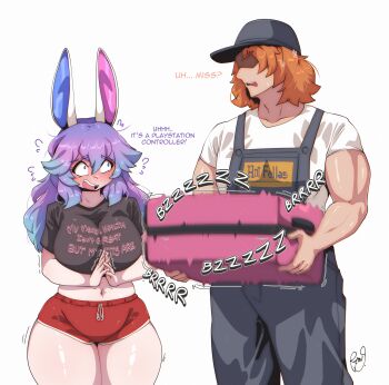 1boy 1girl absurdres animal_ears baseball_cap blue_eyes blue_hair blush breasts commentary cottontail_(vtuber) dolphin_shorts embarrassed english_text faceless faceless_male gradient_hair hair_between_eyes hat heterochromia highres holding holding_suitcase indie_virtual_youtuber large_breasts long_hair midriff multicolored_hair navel open_mouth orange_hair overalls print_shirt purple_eyes purple_hair rabbit_ears rabbit_girl ryou_sakai shirt short_hair shorts suitcase symbol-only_commentary virtual_youtuber white_background