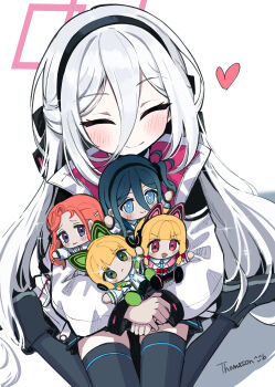 1girl absurdres aris_(blue_archive) black_hairband black_thighhighs blonde_hair blue_archive blue_hair blush character_doll doll double-parted_bangs hair_between_eyes hairband halo heart highres hugging_doll hugging_object jacket kei_(blue_archive) kei_(student)_(blue_archive) long_hair long_hair_between_eyes midori_(blue_archive) momoi_(blue_archive) multicolored_jacket pink_halo rectangular_halo red_hair signature simple_background sitting solo thighhighs thomason366 two-tone_jacket wariza white_background white_hair white_jacket yuzu_(blue_archive)
