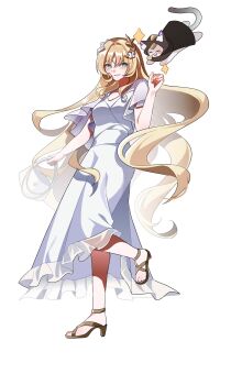 1girl aglaea_(honkai:_star_rail) aglaea_(impression)_(honkai:_star_rail) alternate_hair_length_(longer) animalization bag blonde_hair breasts cat cipher_(honkai:_star_rail) commentary dress full_body green_eyes hand_up handbag high_heel_sandals high_heels highres holding holding_bag honkai:_star_rail honkai_(series) long_hair medium_breasts nail_polish official_alternate_costume parted_lips s9897907160915 sandals short_sleeves simple_background smile solo standing standing_on_one_leg toes untranslatable_commentary very_long_hair white_background white_bag white_dress yellow_nails