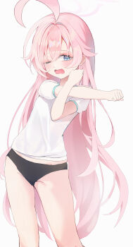 1girl ;o ahoge bare_legs black_buruma blue_archive blush buruma commentary feet_out_of_frame gym_shirt gym_uniform hair_flaps halo hare_(hare_1730) highres hoshino_(blue_archive) huge_ahoge long_hair one_eye_closed pink_hair shirt short_sleeves simple_background sleepy solo straight_hair stretching tears very_long_hair white_background white_shirt