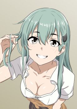 1girl absurdres bone_namu_(namu49850) breasts cleavage collared_shirt commentary_request dress_shirt green_eyes green_hair grey_background grin hair_ornament hairclip highres kantai_collection long_hair medium_breasts open_clothes open_shirt shirt smile solo suzuya_(kancolle) white_shirt
