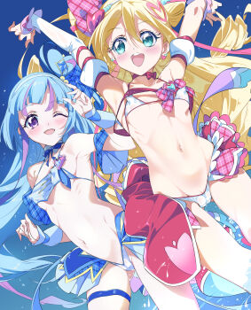 2girls absurdres aokaze_nana aqua_eyes bikini blonde_hair blue_hair breasts cameltoe covered_erect_nipples cure_idol cure_wink gloves highres kimi_to_idol_precure long_hair magical_girl multiple_girls navel niko_(tama) one_eye_closed open_mouth precure purple_eyes purple_hair sakura_uta_(precure) small_breasts smile swimsuit teeth thigh_strap upper_teeth_only white_bikini white_gloves
