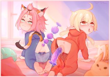 2girls ahegao all_fours animal_ears anus ass barefoot bed blonde_hair cat_ears cat_girl cat_tail censored closed_mouth eyelashes female_focus from_behind full_body genshin_impact green_eyes half-closed_eyes heart heart-shaped_pupils hood hooded_pajamas indoors klee_(genshin_impact) loli long_hair long_pointy_ears low_twintails mihoyo mosaic_censoring multiple_girls on_bed onesie open_mouth oscarlllll pajamas pink_hair pointy_ears purple_onesie pussy pussy_juice red_eyes red_onesie rolling_eyes short_hair symbol-shaped_pupils tail tears thick_eyebrows tongue tongue_out torogao twintails
