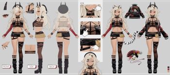 1girl absurdres animal_ears bebe_(bebe_pp) black_boots black_hat black_horns black_jacket black_nails black_shorts black_socks boots breasts closed_mouth commentary_request detached_sleeves fishnet_top fishnets glasses gold_skirt hair_ornament hair_over_one_eye hat highres horns indie_virtual_youtuber jacket kokoi_tuno multiple_views navel pleated_skirt pointy_ears red_eyes red_sleeves reference_sheet second-party_source short_shorts shorts single_detached_sleeve single_thighhigh skirt socks stomach tan thighhighs virtual_youtuber