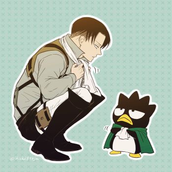 Rule 34 | 1boy, ape, ascot, badtz-maru, black boots, black hair, boots, cape, closed mouth, collared shirt, commentary request, crossover, eye contact, frown, green background, green cape, highres, ikichi8tkjn, levi (shingeki no kyojin), long sleeves, looking at another, male focus, pants, parted lips, patterned background, popped collar, pouch, sanrio, shingeki no kyojin, shirt, short hair, squatting, thigh pouch, twitter username, white ascot, white pants