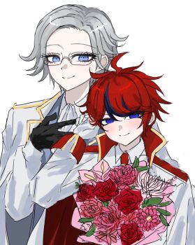 adjusting_hair ahoge aotsuki_eito black_gloves black_streaks blue_eyes bouquet cape collared_shirt commentary_request flower glasses gloves grey_hair grey_vest hand_on_own_chest hand_up highres holding holding_bouquet implied_yaoi light_blush looking_at_viewer male_focus multicolored_hair multiple_boys official_alternate_costume purple_eyes red_hair shirt short_hair simple_background smile streaked_hair sumino_takumi the_hundred_line_-last_defense_academy- two-tone_hair upper_body vest white_background white_cape white_shirt wx8vnmn3k