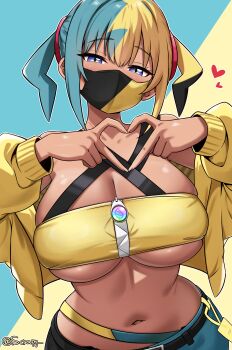 1girl absurdres alternate_breast_size_(larger) bandeau black_mask blonde_hair blue_background blue_hair breasts canari_(pokemon) collarbone commentary criss-cross_halter crop_top cropped_jacket dark-skinned_female dark_skin english_commentary halterneck heart heart_hands highres jacket large_breasts looking_at_viewer mask mega_stone midriff mouth_mask multicolored_hair navel nintendo pokemon pokemon_legends:_z-a purple_eyes scrapy solo stomach strapless tube_top twintails two-tone_background two-tone_mask underboob yellow_background yellow_jacket yellow_mask yellow_tube_top zipper