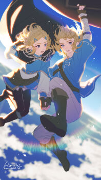 1boy 1girl above_clouds absurdres alternate_eye_color arm_up artist_name black_boots black_cape black_pants blonde_hair blue_eyes blue_shirt blue_sky blue_tunic boots braid brown_gloves cape champion's_tunic_(zelda) chinese_commentary cloud commentary_request crown_braid dated fingerless_gloves fold-over_boots gloves grey_pants han_shi_reina hanging highres holding_hands layered_sleeves link long_sleeves looking_at_another nintendo open_mouth pants princess_zelda shirt short_hair short_over_long_sleeves short_sleeves sky the_legend_of_zelda the_legend_of_zelda:_tears_of_the_kingdom tunic