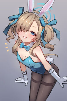 1girl aged_down alternate_breast_size_(smaller) alternate_hairstyle animal_ear_hairband animal_ears asuna_(blue_archive) asuna_(bunny)_(blue_archive) black_pantyhose blue_archive blue_bow blue_bowtie blue_eyes blue_halo blue_leotard blue_ribbon blush bow bowtie breasts brown_hair closed_mouth commentary detached_collar fake_animal_ears fake_tail gloves grey_background grin hair_over_one_eye hair_ribbon hairband halo highleg highleg_leotard highres leaning_forward leotard looking_at_viewer miya_(miyaruta) mole mole_on_breast notice_lines official_alternate_costume pantyhose parted_lips playboy_bunny rabbit_ear_hairband rabbit_ears rabbit_tail ribbon short_hair_with_long_locks sidelocks simple_background small_breasts smile solo strapless strapless_leotard tail thighband_pantyhose twintails white_gloves