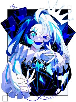 1boy 1girl blue_eyes blue_hat blue_skin brooch colored_skin cookie_run cookie_run:_kingdom cosplay eye_brooch eye_print hat highres humanization jester jester_cap jewelry long_hair long_sleeves looking_at_viewer male_focus neck_ruff ppung331420 puffy_long_sleeves puffy_sleeves shadow_milk_cookie shadow_milk_cookie_(cosplay) simple_background smile solo very_long_hair white_hair