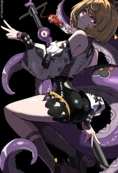 1girl ass asymmetrical_shorts bare_shoulders beret black_background blonde_hair breasts commentary cowlick detached_sleeves english_commentary from_side glowing glowing_eyes hat high-waist_shorts highres holding holding_weapon large_breasts looking_at_viewer mole mole_under_mouth morishi_m purple_eyes shirt short_hair shorts single_thighhigh solo suction_cups tentacle_girl tentacle_tail tentacles thighhighs twitter_username v weapon white_shirt yidhari_murphy zenless_zone_zero