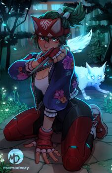 1girl alternate_costume arm_between_legs artist_name backlighting black_pants blue_jacket bow breasts brown_eyes cleavage colored_shoe_soles commentary english_commentary facial_mark fingerless_gloves floral_print flower forest fox fox_mask gloves glowing glowing_eyes green_eyes green_hair hair_bow half_mask hand_on_floor hand_up holding holding_weapon jacket japanese_clothes kiriko_(overwatch) kneeling kunai looking_at_viewer mask medium_breasts momo-deary nature open_clothes open_jacket outdoors overwatch overwatch_2 pants path red_footwear red_gloves red_pants road seiza shirt sitting solo topknot torii tree watermark weapon white_bow white_footwear white_gloves white_shirt