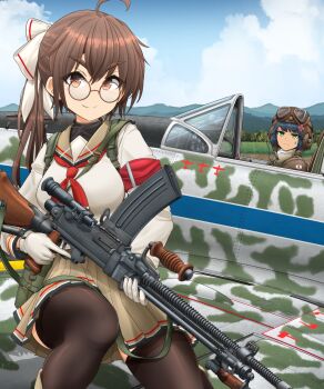 2girls ahoge aircraft airplane anger_vein armband black-framed_eyewear black_hair black_pantyhose black_thighhighs blue_eyes blue_hair blue_sky bow breasts brown_eyes brown_hair brown_helmet brown_jacket brown_sailor_collar brown_skirt camouflage closed_mouth cloud cloudy_sky cockpit commentary_request dark-skinned_female dark_skin day dress flag_print frown glasses gloves goggles goggles_on_head green_eyes gun hair_bow harness helmet highres holding holding_gun holding_weapon jacket japanese_flag japanese_flag_print ki-61_hien knee_up large_breasts light_machine_gun long_sleeves looking_at_another looking_at_viewer machine_gun mikeran_(mikelan) miniskirt mountain multiple_girls neckerchief original outdoors pantyhose partial_commentary pleated_dress ponytail red_neckerchief red_sailor_collar round_eyewear sailor_collar school_uniform shirt sitting skirt sky smile sweat sweatdrop tactical_school_uniform thighhighs trigger_discipline type_99_light_machine_gun weapon white_bow white_gloves white_shirt