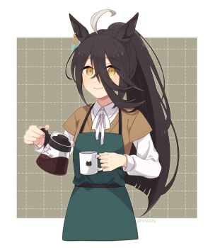 1girl ahoge apron black_hair brown_sweater closed_mouth coffee coffee_pot collared_shirt cup disposable_cup earrings hair_between_eyes holding holding_cup jewelry long_hair long_sleeves looking_at_viewer manhattan_cafe_(umamusume) mug multicolored_hair nm222hz ponytail shirt single_earring smile solo streaked_hair sweater twitter_username umamusume white_shirt yellow_eyes
