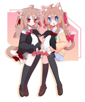 2girls absurdres ahoge animal_ears asymmetrical_legwear bird black_cardigan black_socks black_thighhighs blue_eyes blue_sailor_collar blue_skirt bow broken_heart broken_heart_hair_ornament brown_hair brown_shoes cardigan cat_ears cat_girl cat_tail closed_mouth commentary_request evil_neuro-sama from_side full_body grey_sailor_collar hair_between_eyes hair_ornament hair_ribbon heart heart_hair_ornament highres holding invisible_chair long_hair long_sleeves miniskirt multiple_girls neuro-sama off-shoulder_cardigan open_mouth penguin pink_bow pink_ribbon pleated_skirt red_bow red_eyes red_ribbon ribbon sailor_collar shirt shoes siblings single_sock single_thighhigh sisters sitting skirt socks tail tail_bow tail_ornament thighhighs twins uneven_legwear user_hmyv8473 vedal_ai virtual_youtuber white_shirt yellow_cardigan