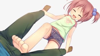 1boy 1girl :d ^_^ ankle_grab aoi_aruma barefoot blue_shirt breasts closed_eyes cowboy_shot crotch_stomping denim denim_shorts denki_anma flat_chest foot_focus footjob_over_clothes from_below game_cg green_pants green_shirt holding_another&#039;s_ankle holding_another&#039;s_foot holding_another&#039;s_legs jissai_no_tokoro kumura_hibari_(jissai_no_tokoro) legs_up loli lying on_back open_mouth pants pink_hair pink_shirt shirt short_hair short_sleeves shorts sidelocks simple_background smile spread_legs standing stepped_on stomping t-shirt transparent_background twintails two-tone_shirt v-shaped_eyebrows variant_set