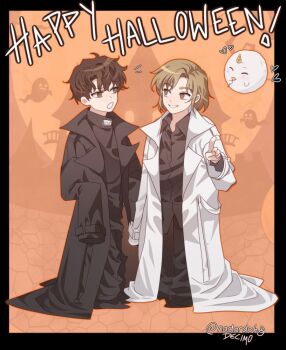 1boy 1girl :d biyoo_(omniscient_reader&#039;s_viewpoint) black_border black_coat black_shirt blonde_hair border borrowed_clothes brown_hair child coat collared_shirt cosplay curtained_hair english_text full_body happy_halloween high_collar index_finger_raised kim_dokja kim_dokja_(cosplay) lee_gilyoung looking_at_another nadardoh notice_lines omniscient_reader&#039;s_viewpoint open_clothes open_coat open_mouth outside_border oversized_clothes popped_collar shin_yoosung shirt short_hair smile standing white_coat yoo_joonghyuk yoo_joonghyuk_(cosplay)