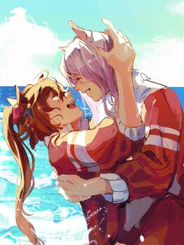 Rule 34 | 2girls, absurdres, animal ears, blue sky, blush, bow, brown hair, closed eyes, commentary, ear bow, ear ornament, ear ribbon, english commentary, gym shirt, hair between eyes, highres, horse ears, horse girl, jacket, long hair, long sleeves, mejiro mcqueen (umamusume), multicolored hair, multiple girls, ocean, open mouth, outdoors, pants, ponytail, purple hair, red jacket, red track suit, shirt, sky, smile, streaked hair, tapeanna, tokai teio (umamusume), tracen training uniform, track jacket, track pants, track suit, two-tone hair, umamusume, water, white shirt, yuri