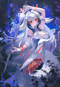 1girl absurdres alternate_form animal_ears arm_up armlet bare_shoulders black_hair blue_background breasts china_dress chinese_clothes commentary dress droopy_ears english_commentary gradient_hair grass hairband highres holding holding_sword holding_weapon jewelry leaf leg_tattoo long_hair looking_at_viewer maple_leaf medium_breasts multicolored_hair parted_lips qingming_sword red_eyes red_hair silver_armlet smile solo sword tail tattoo very_long_hair w-t weapon white_dress white_hair white_hairband white_tail ye_shunguang zenless_zone_zero