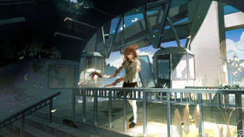 1girl abandoned absurdres black_ribbon black_shoes black_skirt blue_eyes braid braided_twintails brown_hair closed_mouth collared_shirt commentary dazbee english_commentary expressionless ferris_wheel full_body highres indie_utaite long_hair looking_at_viewer neck_ribbon outdoors overgrown parted_bangs railing ribbon school_uniform shade shirt shoes short_sleeves skirt socks solo standing tile_floor tiles twice12314 twin_braids utaite very_long_hair white_shirt white_socks wing_collar