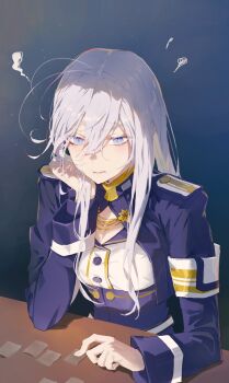 Rule 34 | 1girl, 86 -eightysix-, antenna hair, armband, belt, blue eyes, blue jacket, blush, breasts, buttons, closed mouth, coat, colored eyelashes, desk, elbow rest, hair between eyes, hand on own cheek, hand on own face, hat, head rest, highres, jacket, jewelry, long hair, long sleeves, medal, medium breasts, military, military combat uniform, military hat, military jacket, military rank insignia, military uniform, shirt, shura (shu o0o), simple background, sitting, solo, steam, upper body, very long hair, vladilena millize, white belt, white hair